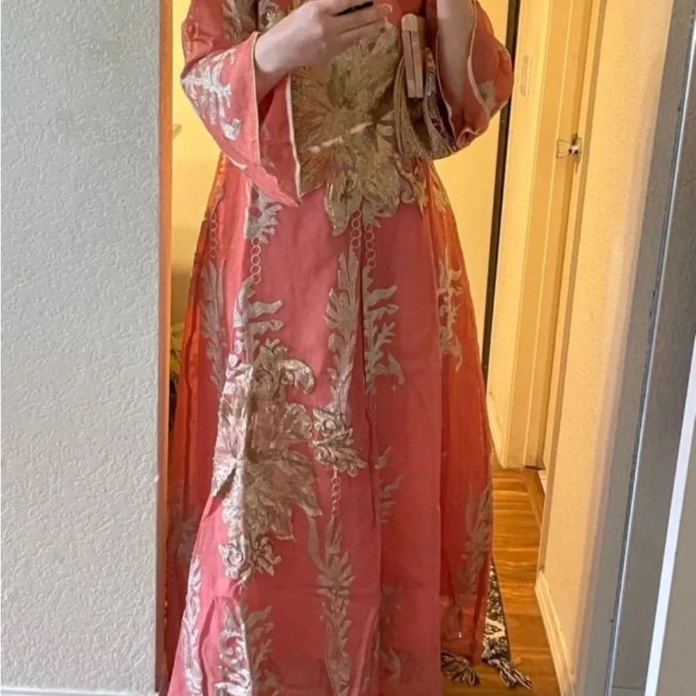 Elegant Coral Floral Embroidered Dress - Picture 3 of 9